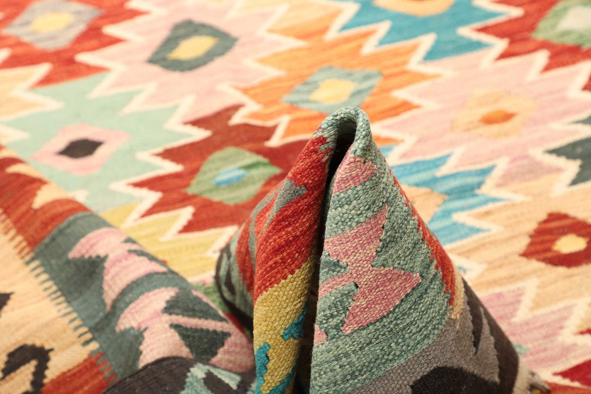 handgewebter-afghan-kelim-256-x-347-cm-geometrisches-muster-schurwolle-5 Kilim Afghan Rug — hand-woven, 256 × 347 cm, Wool