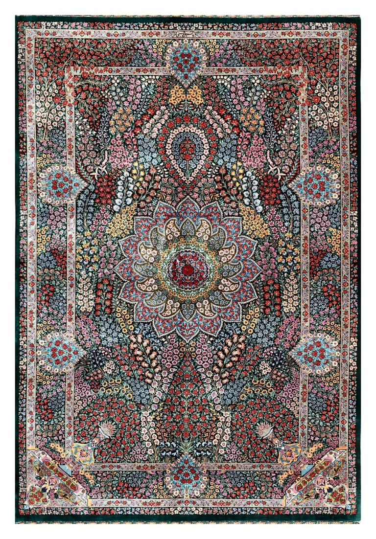 Qom Persian Rug — hand-knotted, 205 × 138 cm, Silk