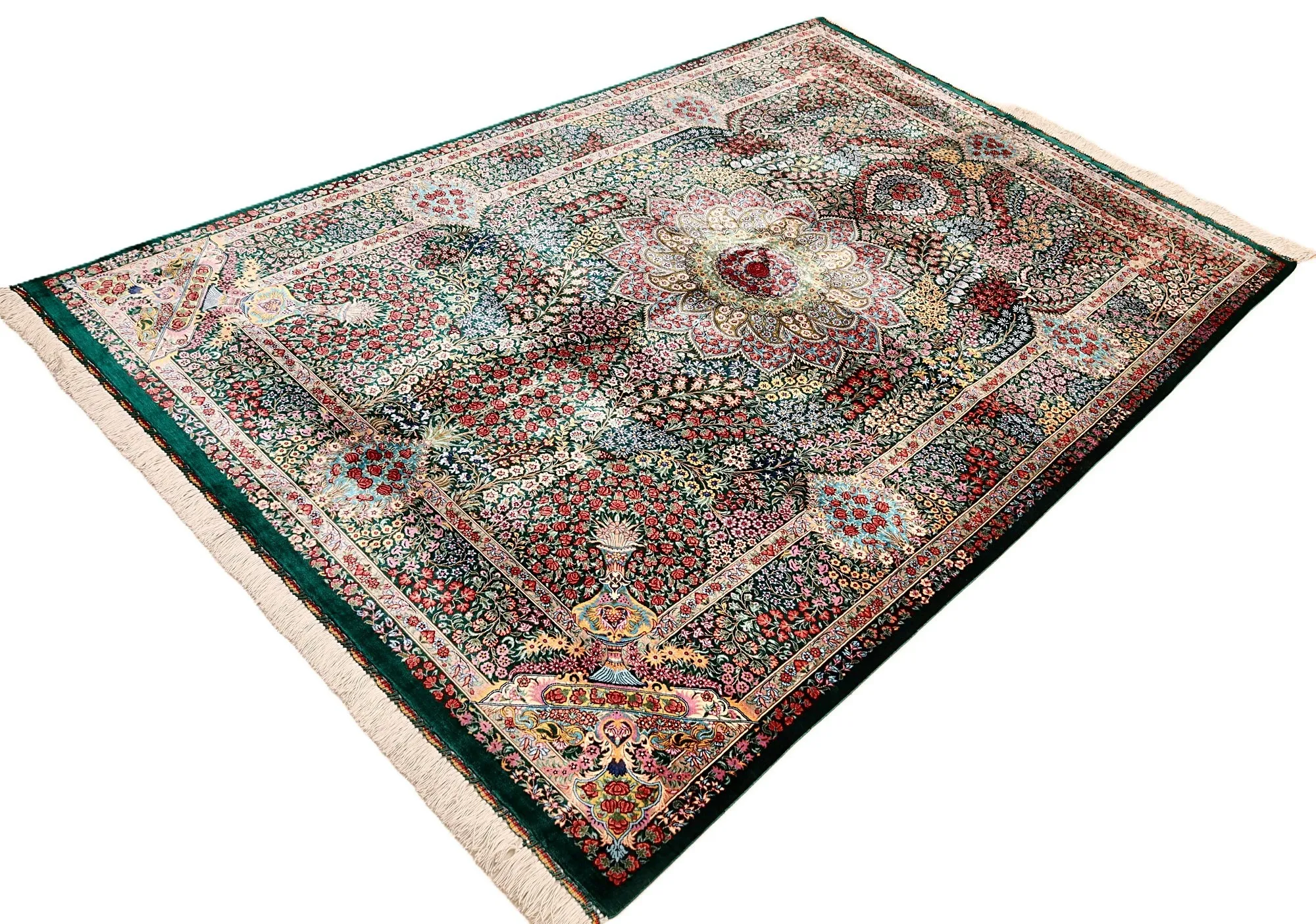 Qom Persian Rug — hand-knotted, 205 × 138 cm, Silk
