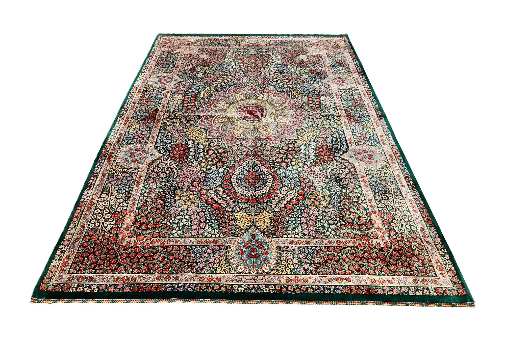Qom Persian Rug — hand-knotted, 205 × 138 cm, Silk