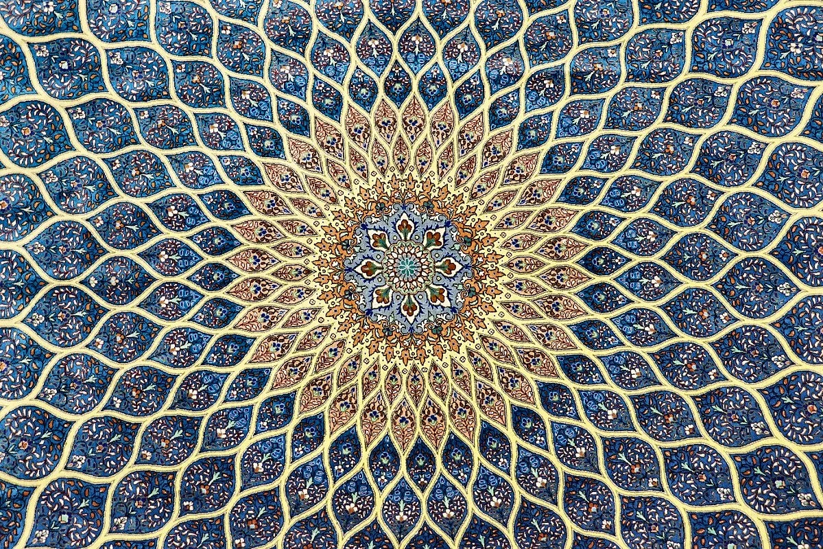 Qom Persian Rug — hand-knotted, 353 × 245 cm, Silk