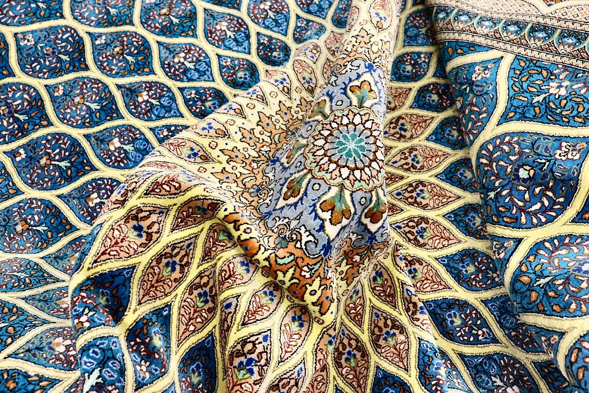 Qom Persian Rug — hand-knotted, 353 × 245 cm, Silk
