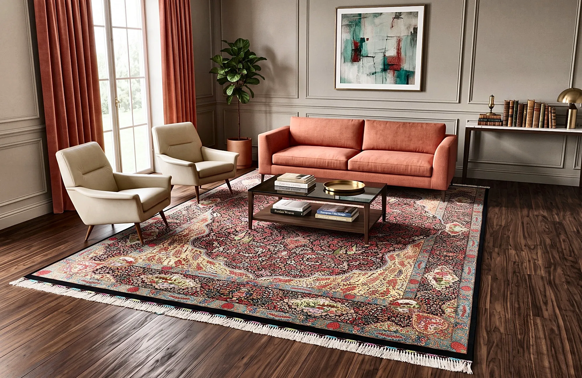 Hand-Knotted Silk Qom Persian Rug, 300 × 200 cm