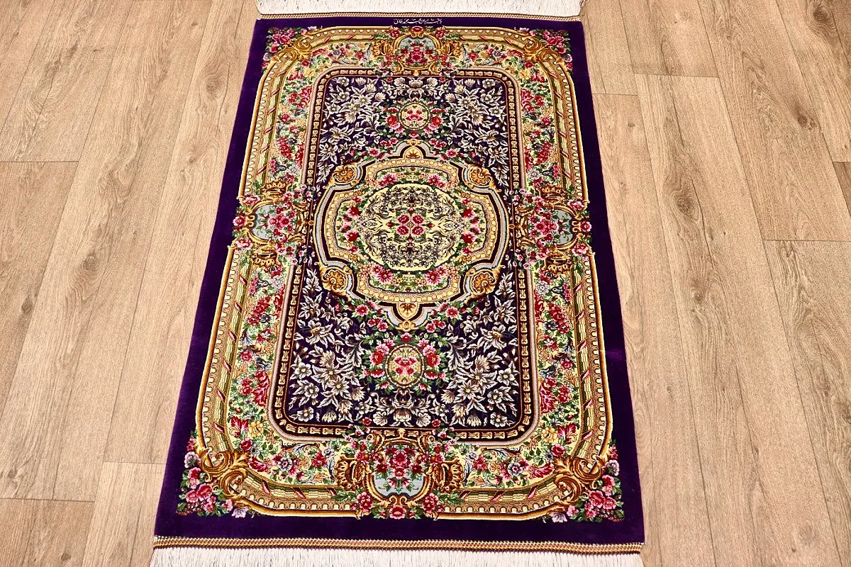 Hand-Knotted Silk Qom Persian Rug, 120 × 80 cm