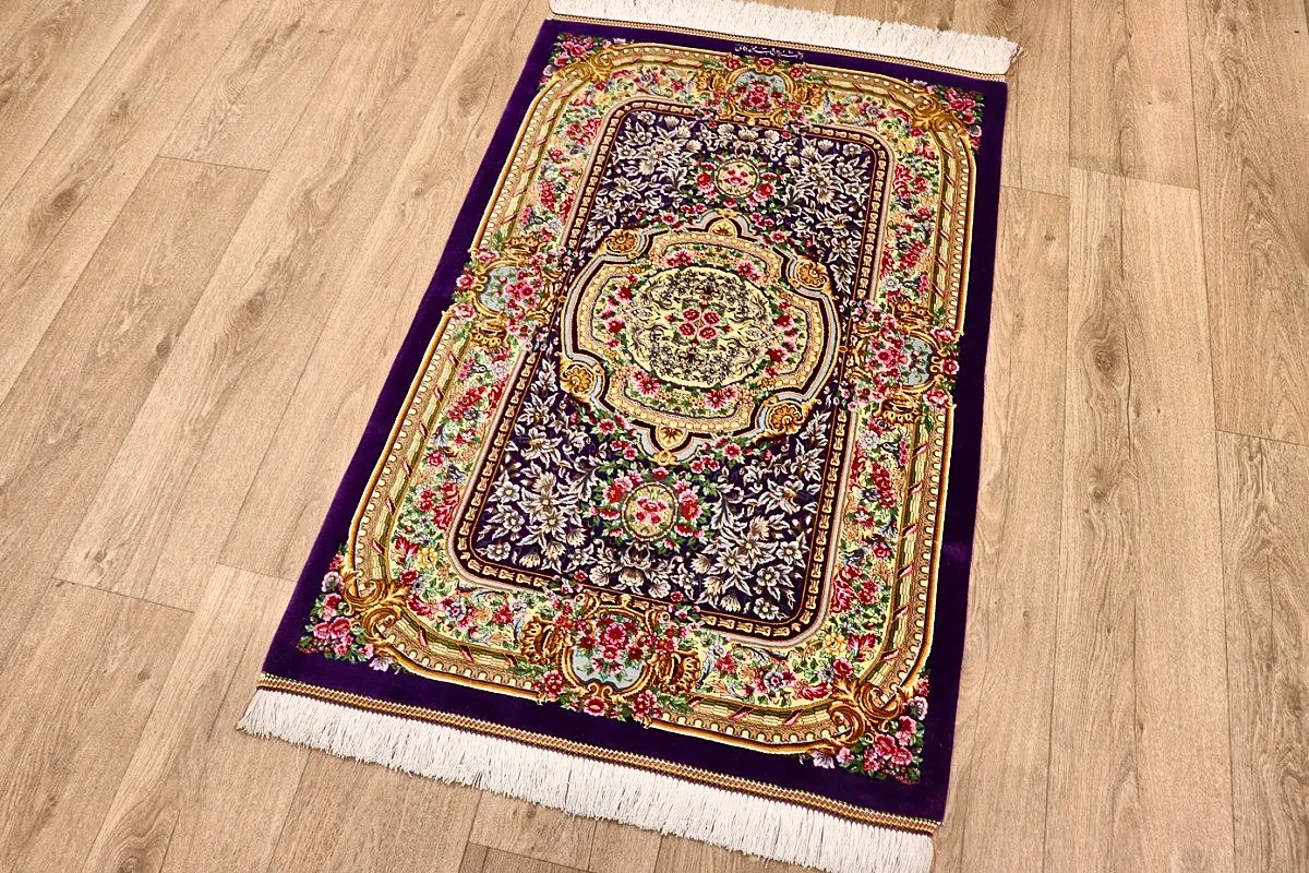 Hand-Knotted Silk Qom Persian Rug, 120 × 80 cm