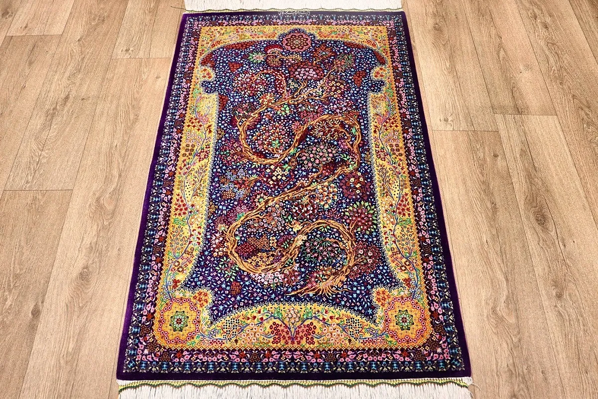 118170-03 Hand-Knotted Silk Qom Persian Rug, 123 × 80 cm