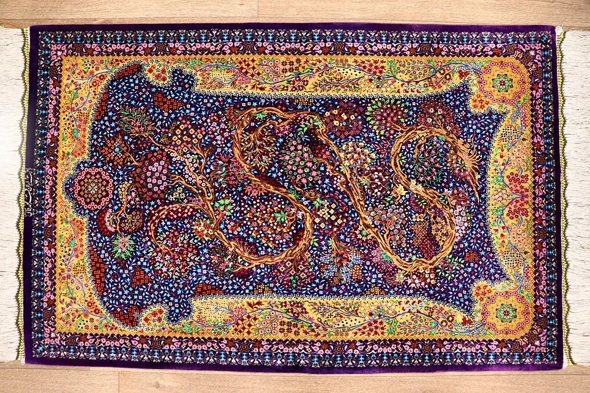 118170-06 Hand-Knotted Silk Qom Persian Rug, 123 × 80 cm