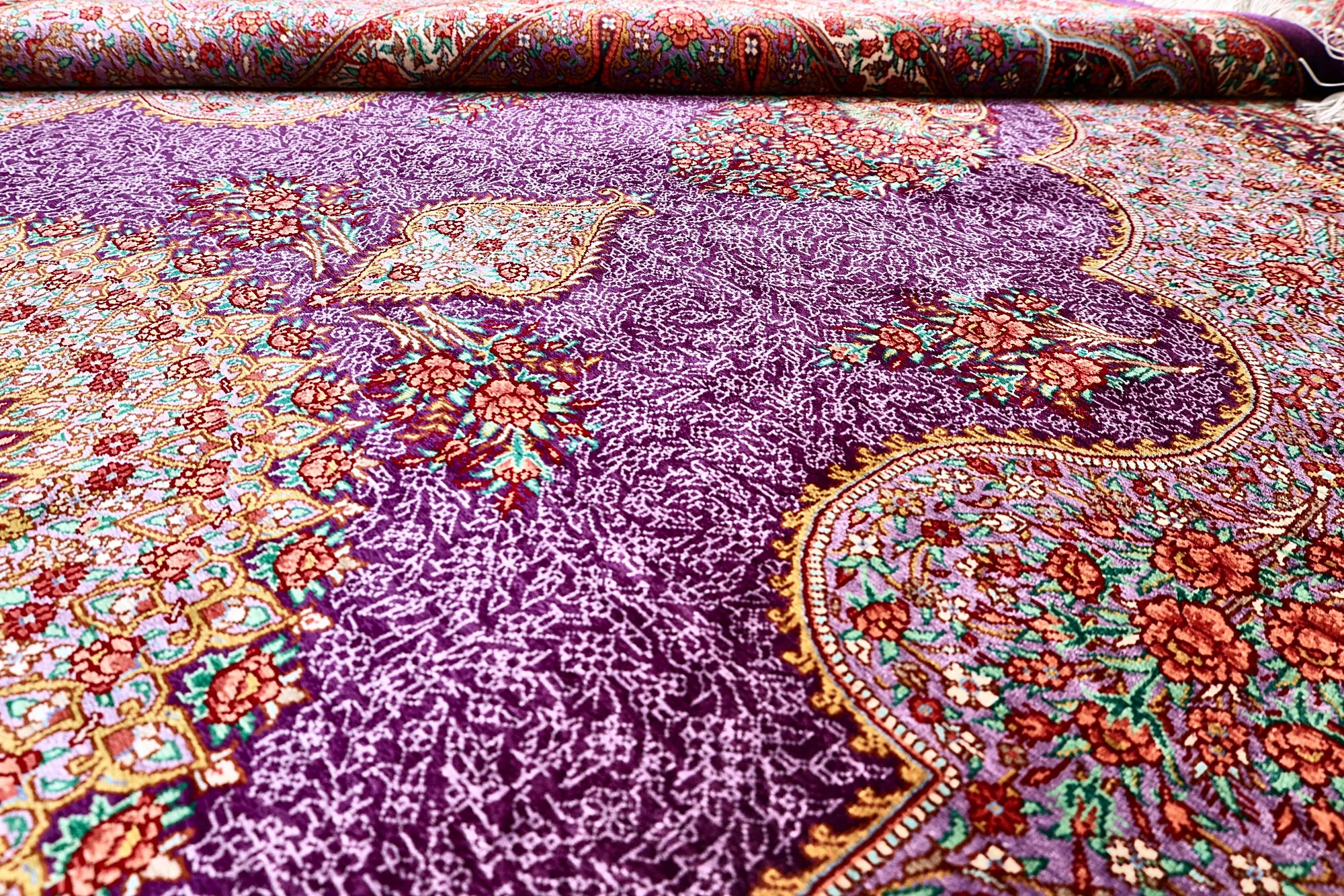 Qom Persian Rug — hand-knotted, 197 × 130 cm, Silk