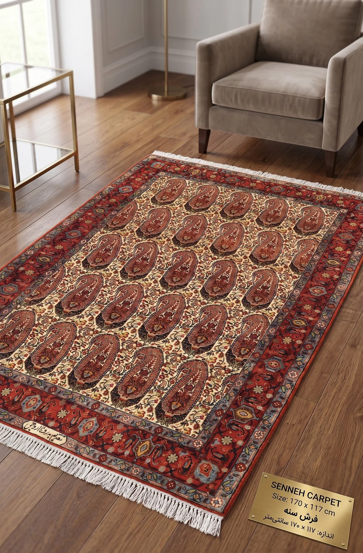 Hand-Knotted Wool & Silk Senneh Persian Rug, 176 × 117 cm