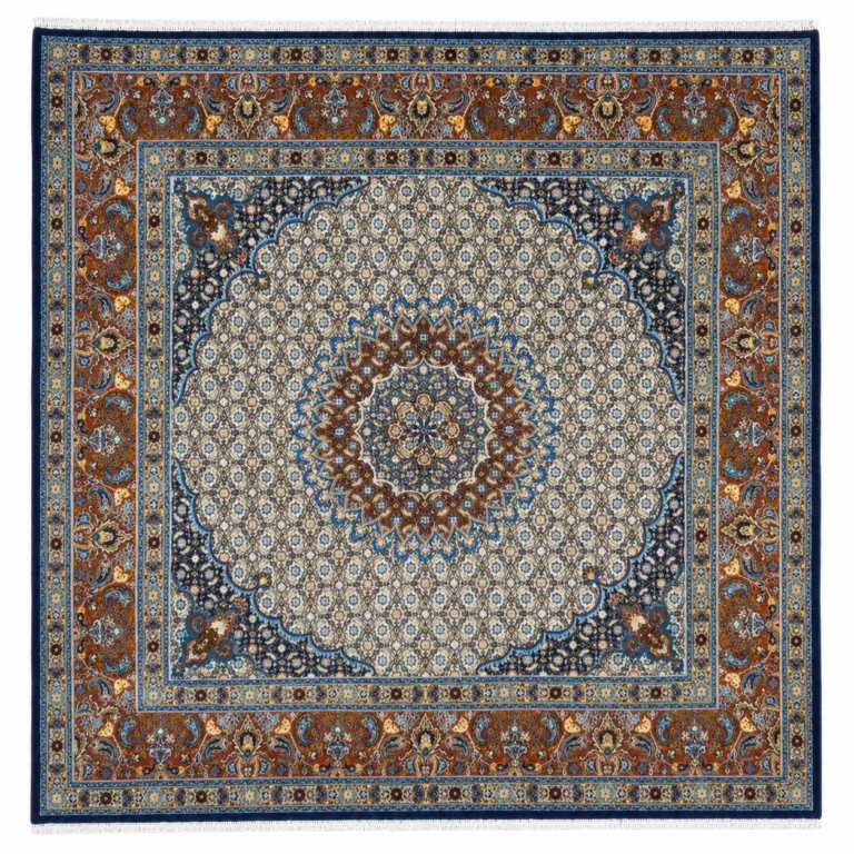 Hand-Knotted Wool & Silk Moud Persian Rug, 225 × 223 cm