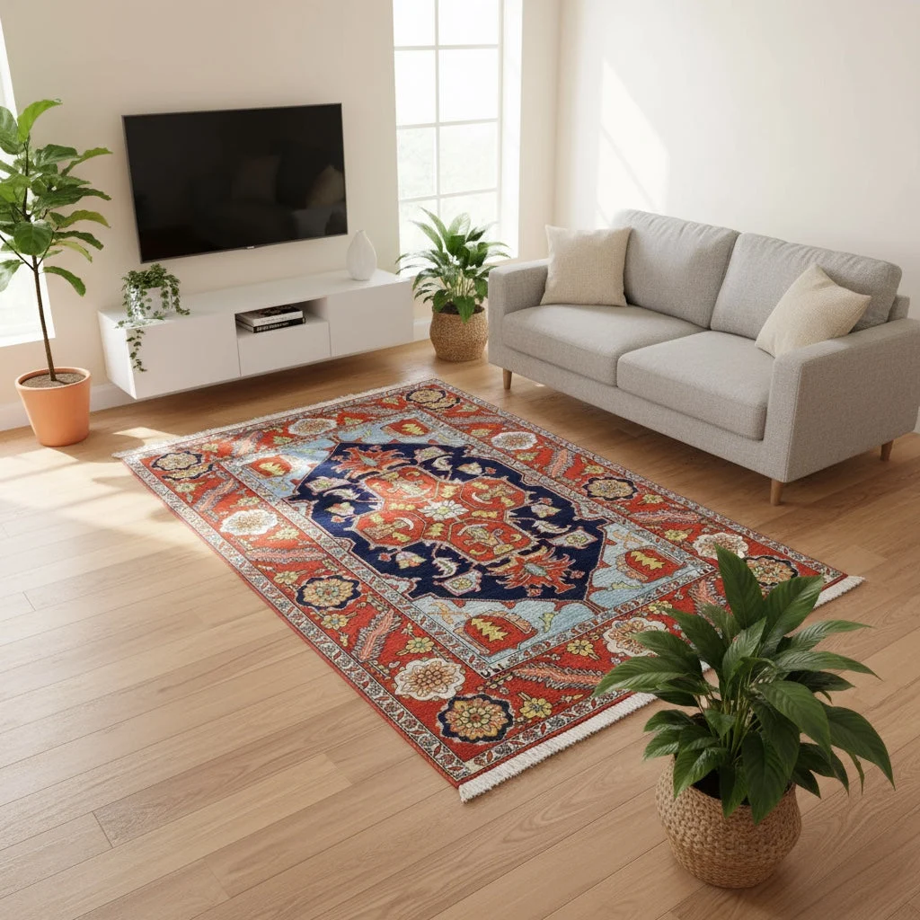 Hand-Knotted Wool Heriz Persian Rug, 205 × 150 cm
