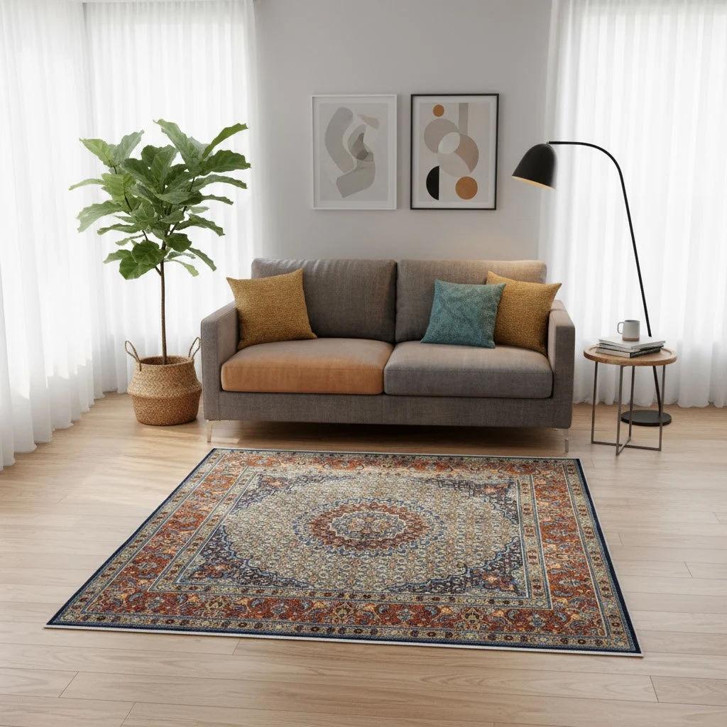 Hand-Knotted Wool & Silk Moud Persian Rug, 225 × 223 cm