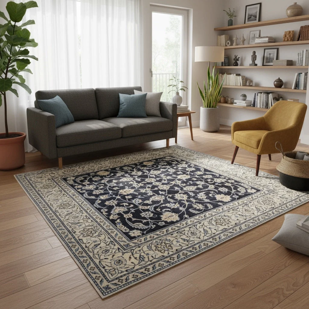 Hand-Knotted Wool & Silk Nain Persian Rug, 202 × 195 cm