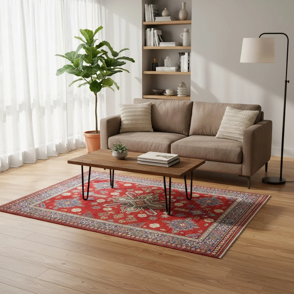 Hand-Knotted Wool Kazak Afghan Rug, 212 × 185 cm
