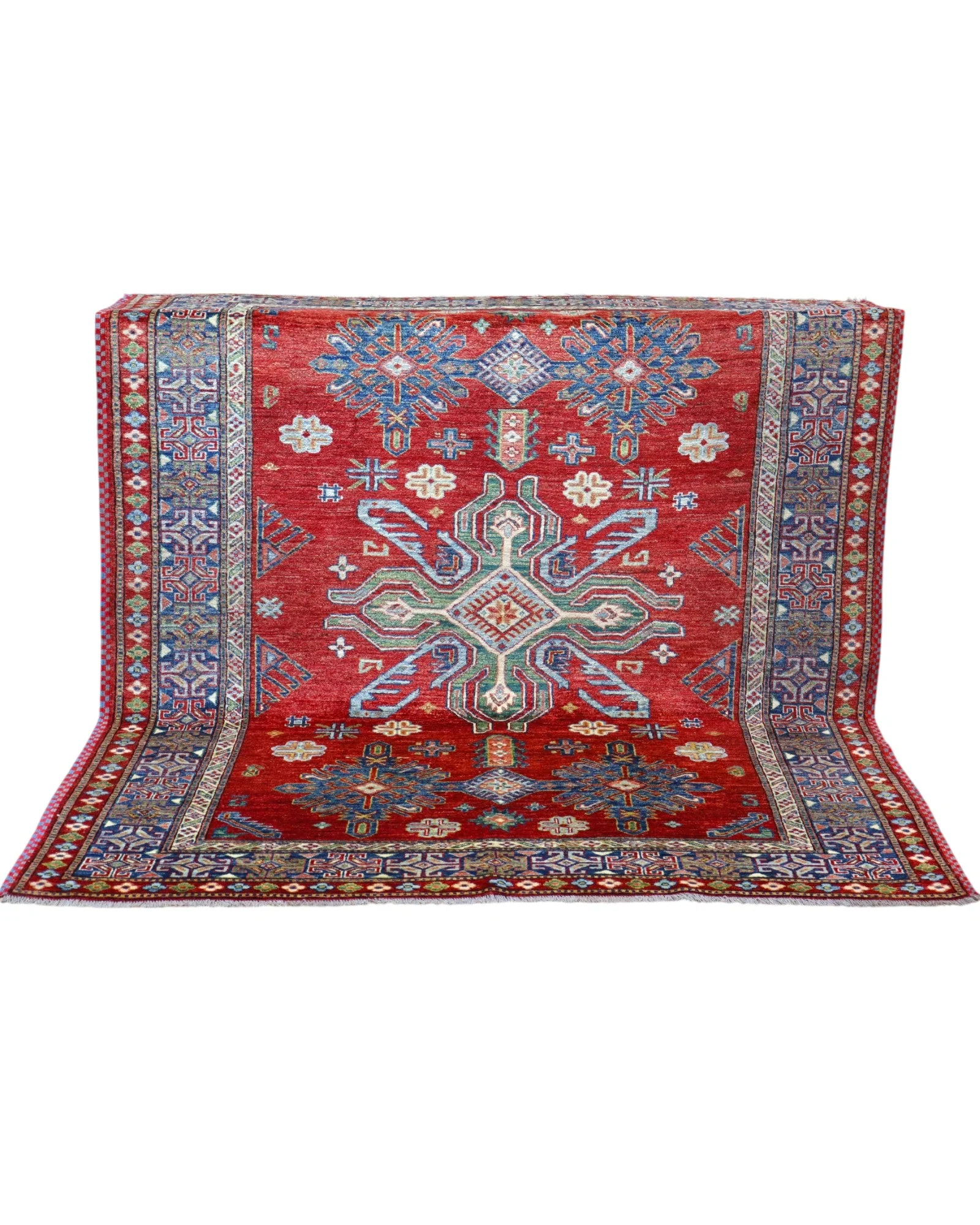 Hand-Knotted Wool Kazak Afghan Rug, 212 × 185 cm
