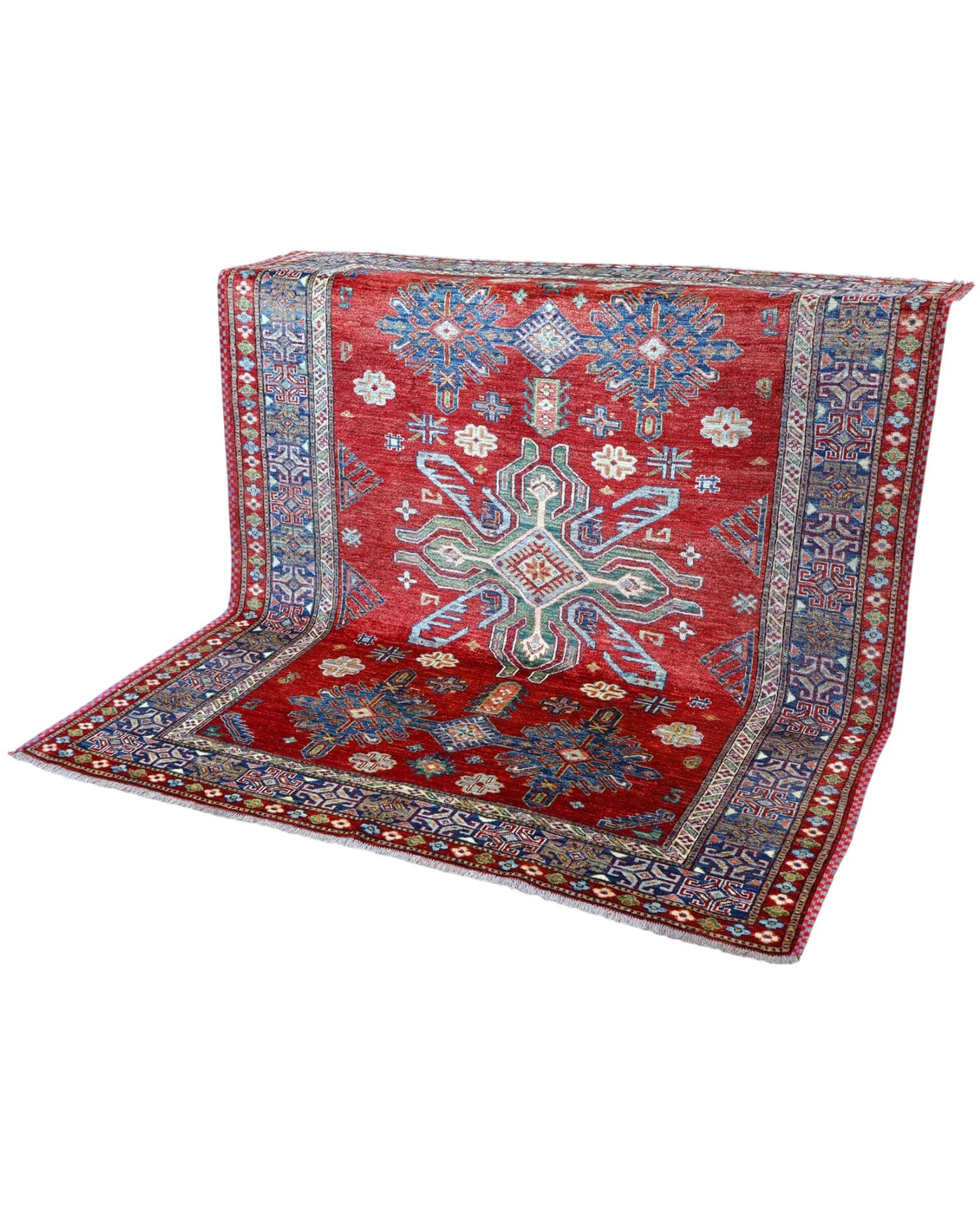 Hand-Knotted Wool Kazak Afghan Rug, 212 × 185 cm