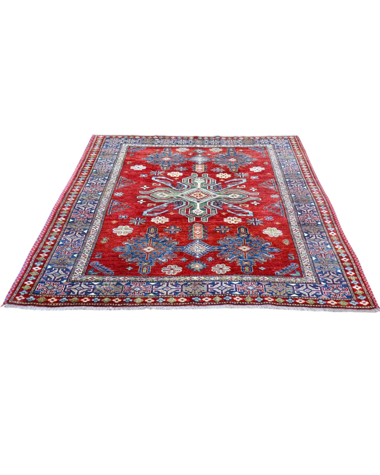 Hand-Knotted Wool Kazak Afghan Rug, 212 × 185 cm