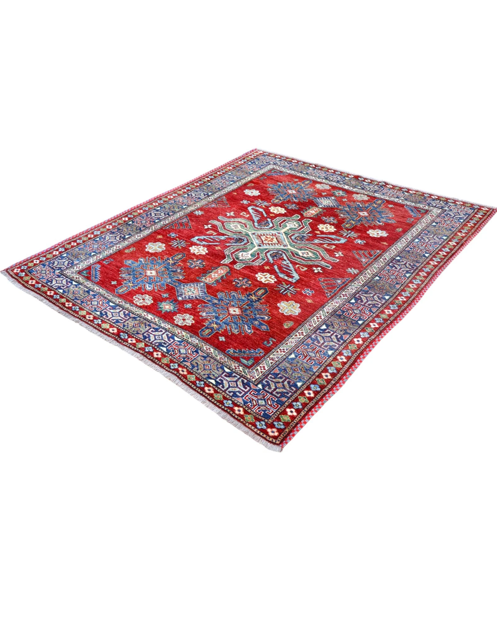 Hand-Knotted Wool Kazak Afghan Rug, 212 × 185 cm