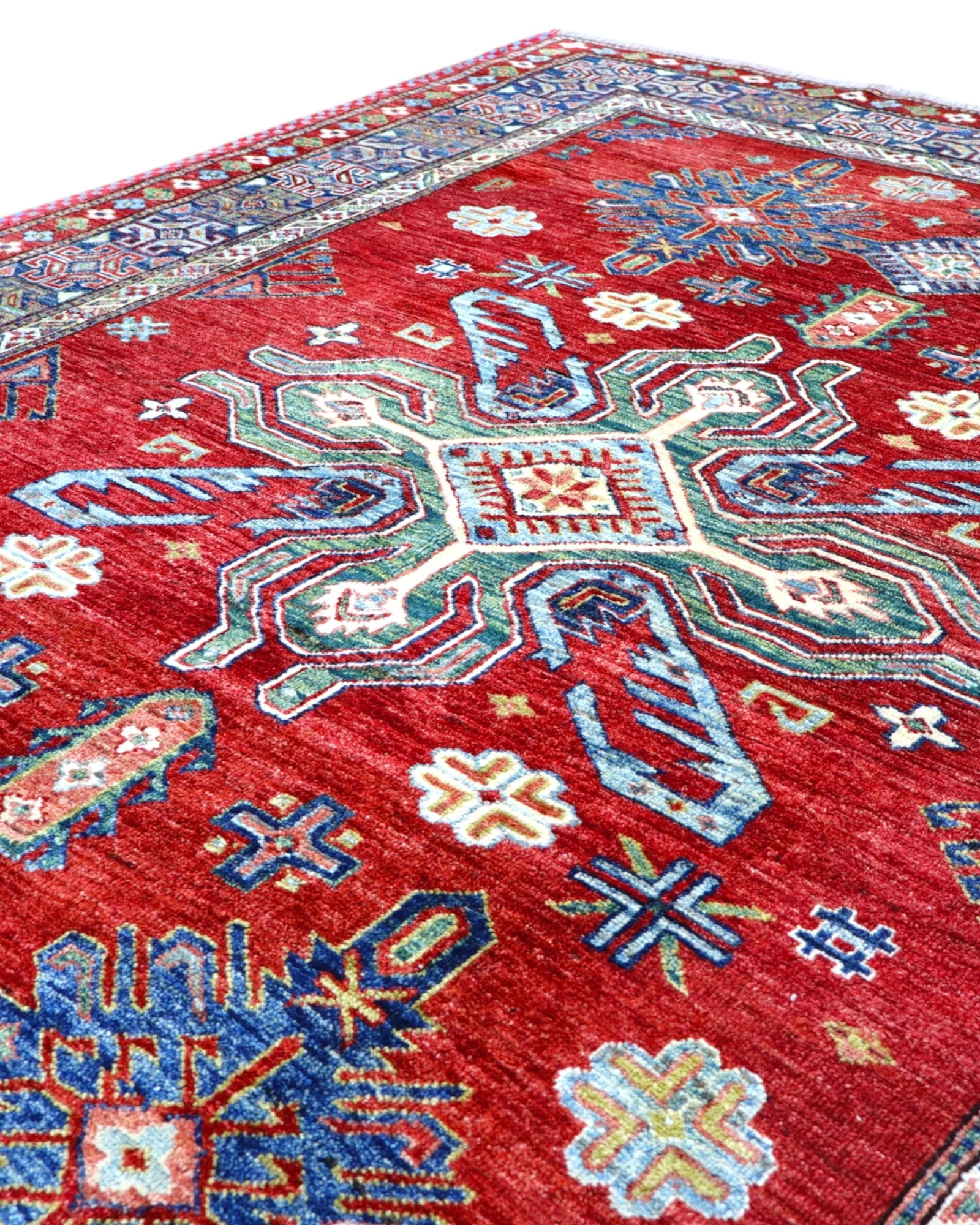 Hand-Knotted Wool Kazak Afghan Rug, 212 × 185 cm