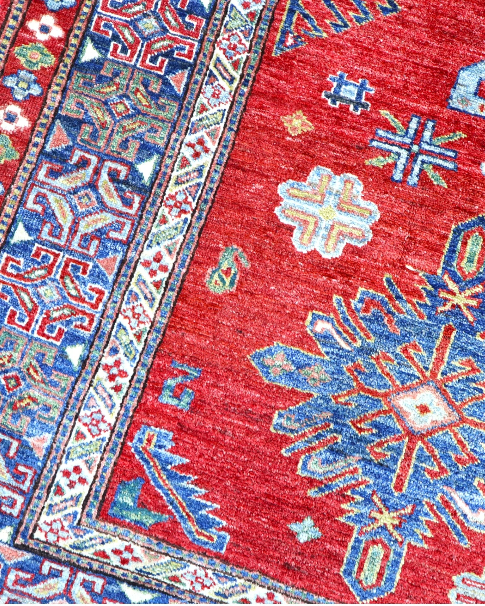 Hand-Knotted Wool Kazak Afghan Rug, 212 × 185 cm