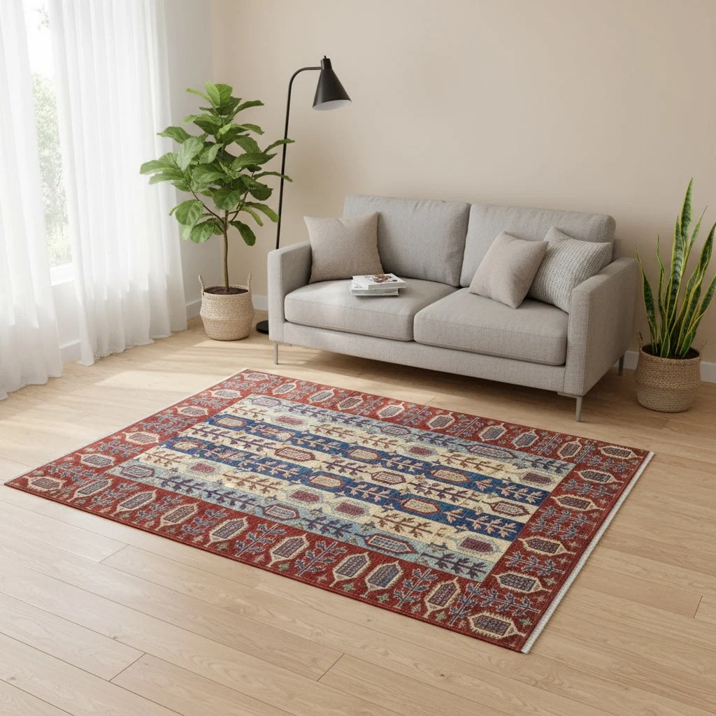 Hand-Knotted Wool Kazak Afghan Rug, 214 × 156 cm