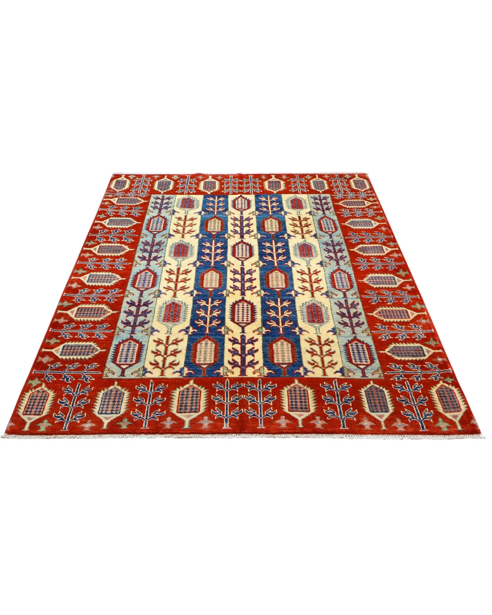 Hand-Knotted Wool Kazak Afghan Rug, 214 × 156 cm