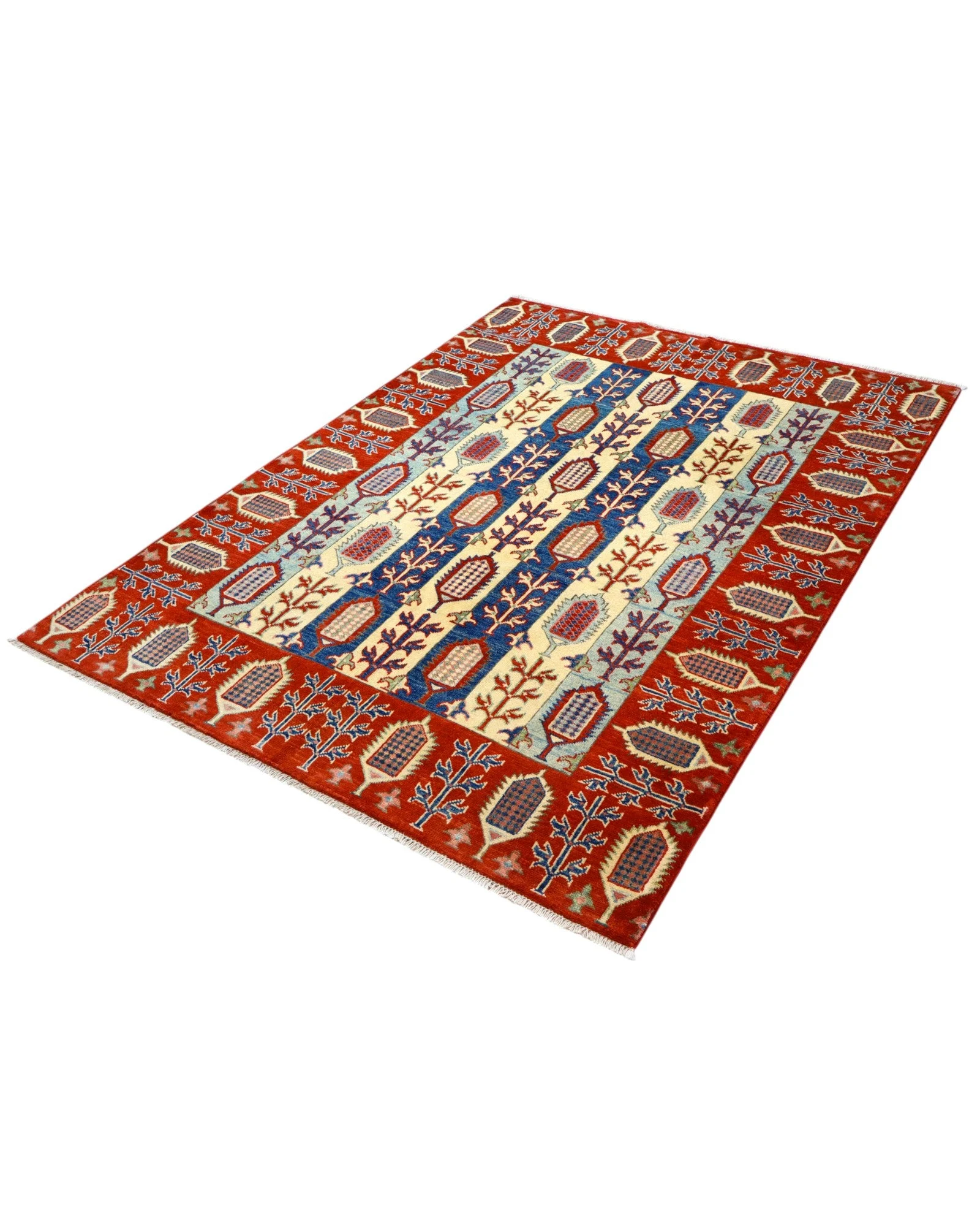 Hand-Knotted Wool Kazak Afghan Rug, 214 × 156 cm